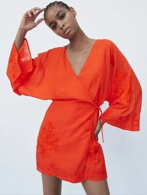 ZARA LIMITED EDITION EMBROIDERED ORANGE KIMONO KAFTAN DRESS SIZE S